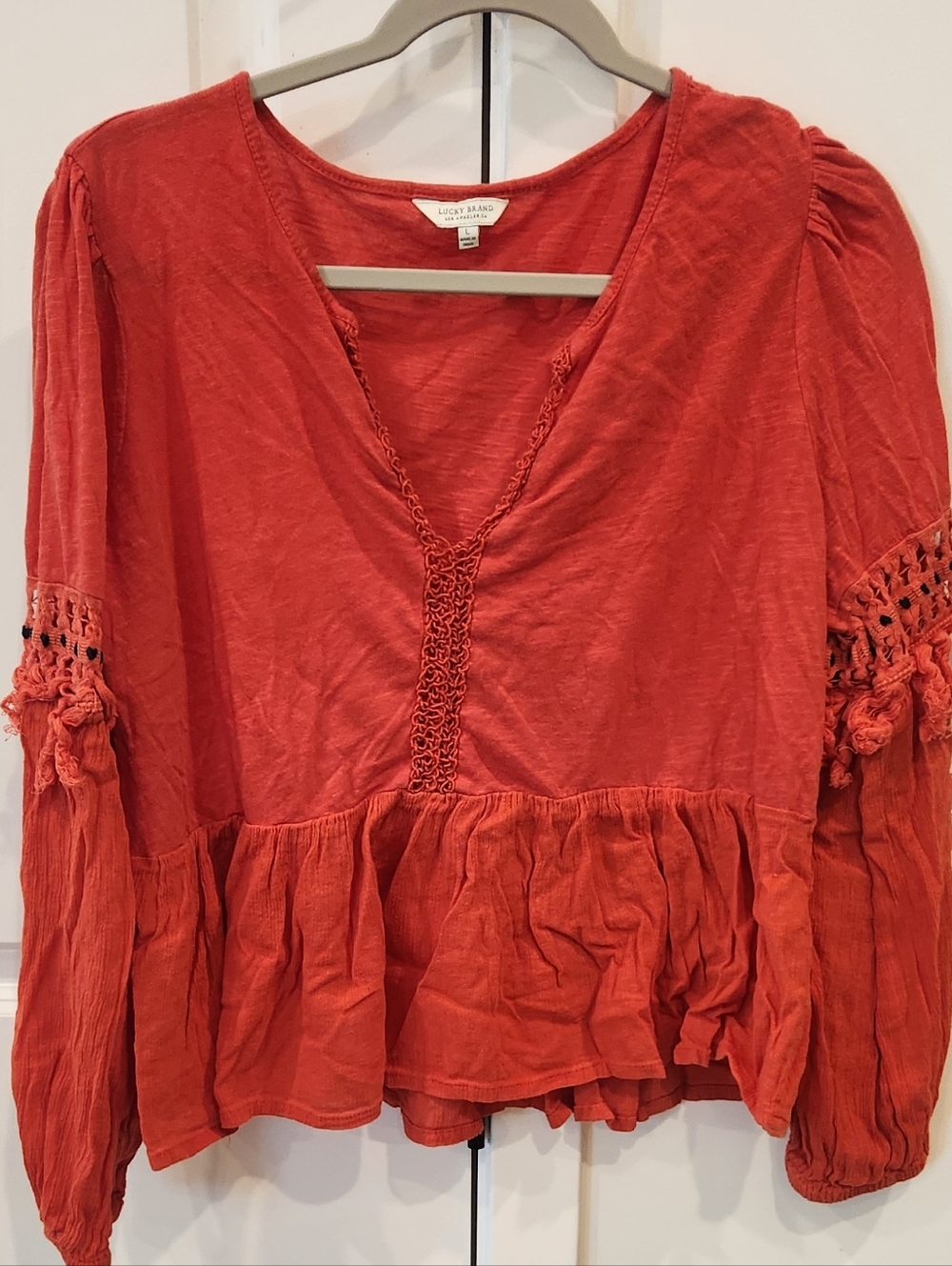 Lucky Brand Rust Red V‑Neck Peasant Blouse with Crochet Trim
